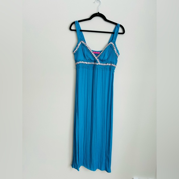 Betsey Johnson Teal Empire Waist Maxi Dress Floral Trim Size M - Picture 3 of 8